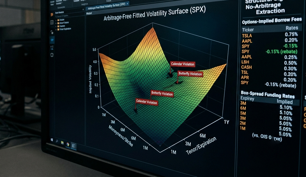 Surface Lab — an arbitrage-free fitted volatility surface with butterfly and calendar violations flagged, alongside options-implied borrow fees and box-spread funding rates